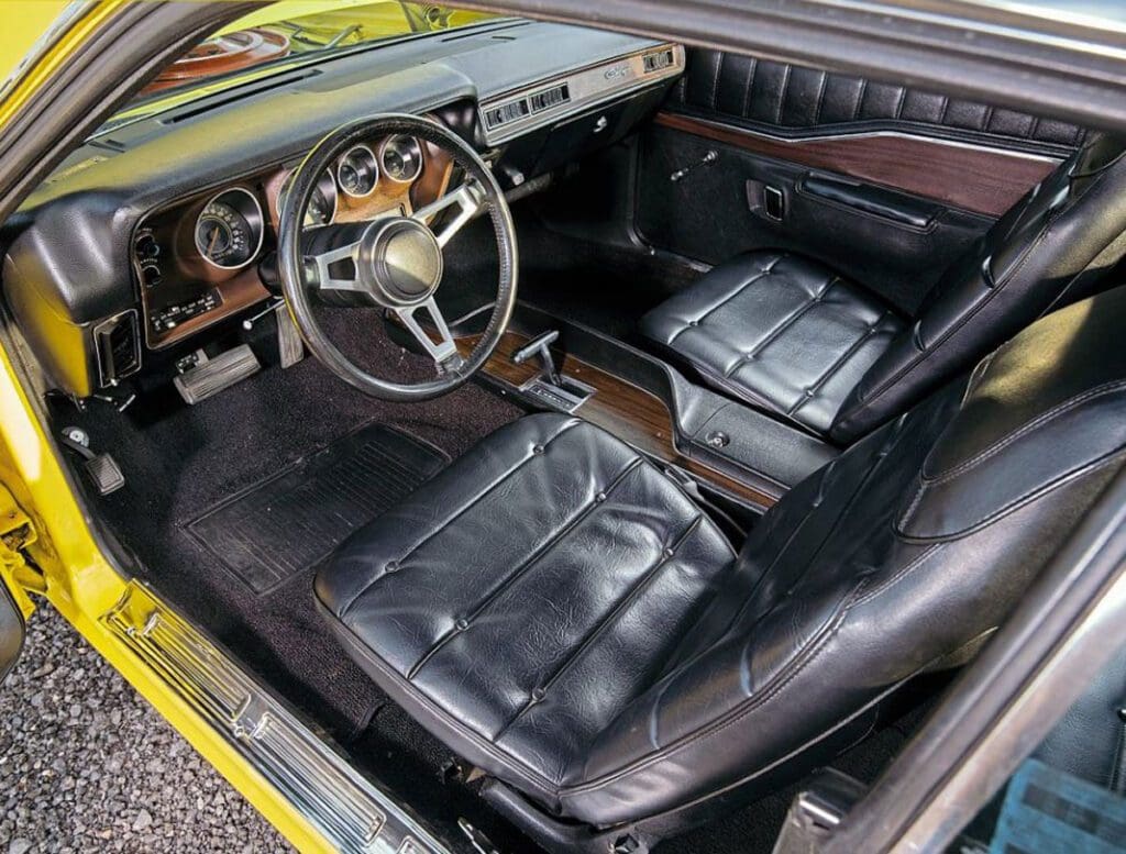 Interior of the  1973 Charger 440 with black leather seats