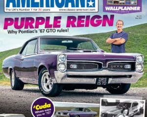 Classic American magazine cover featuring a large purple american car and a man stood beside it with his arms crossed