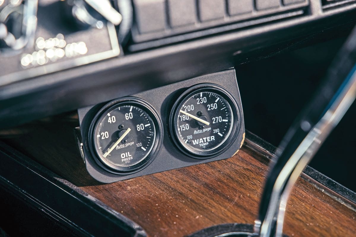 Close up of auxiliary gauges in the Pontiac GTO