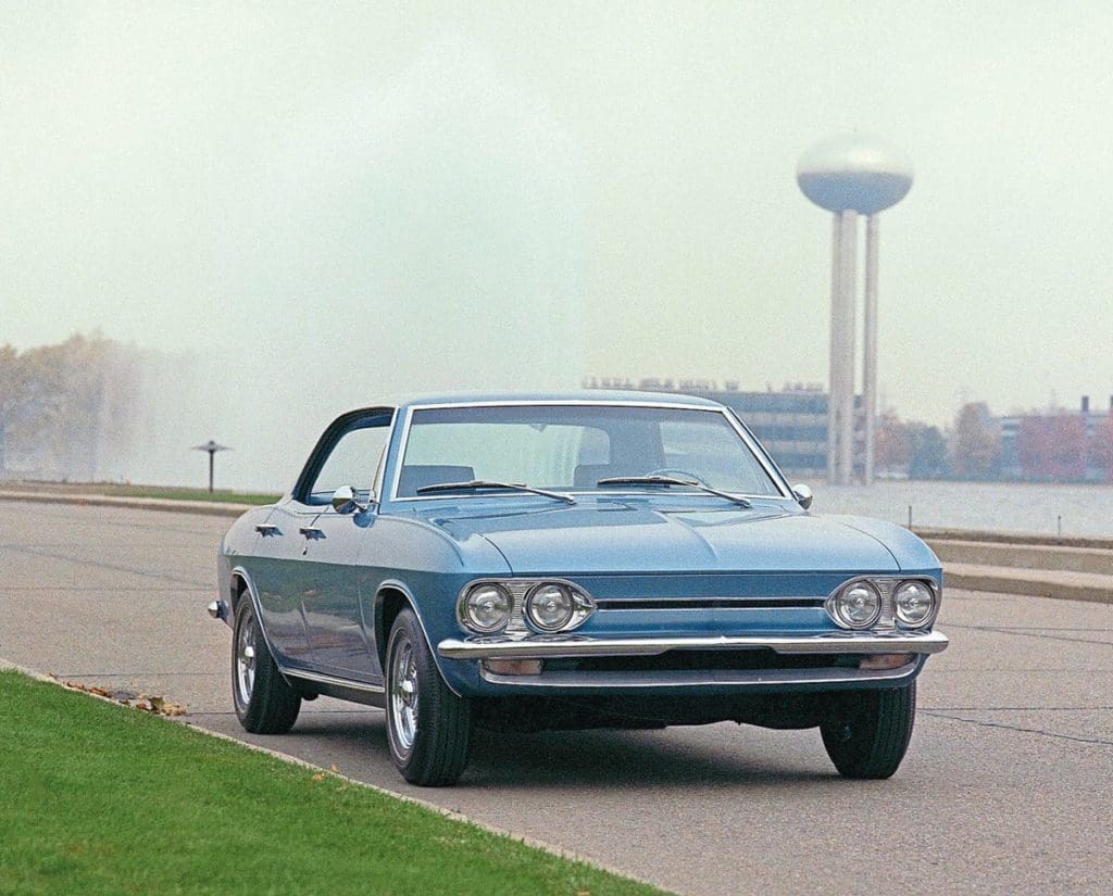 Blue Chevrolet Electrovair II on the road