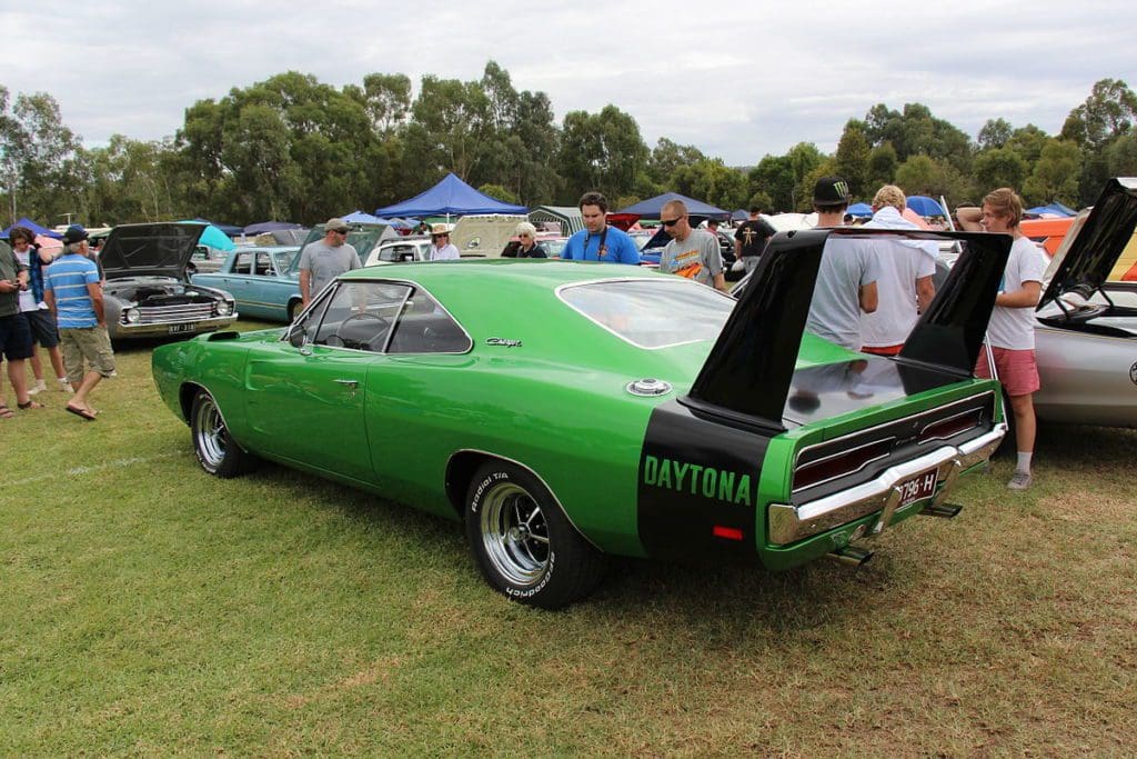 A bright green Dodge Charger Daytona.