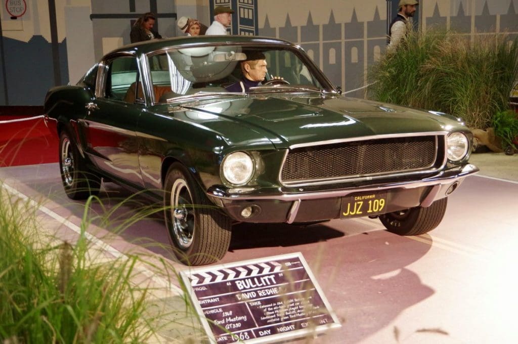 1968 Ford Mustang GT from Bullitt on display in a museum