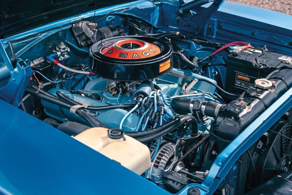 Magnum 440 V8 motor under hood of Rob's Dodge Charger
