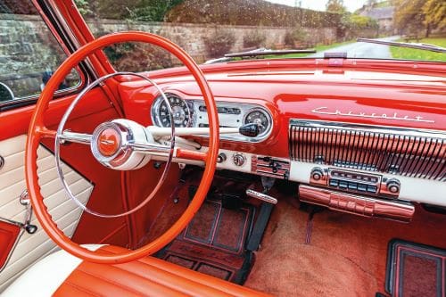 Close up of the Bel Air's steering wheel