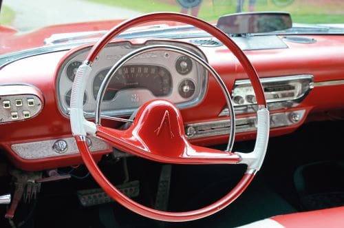 Red and white steering wheel of Plymouth Belvedere