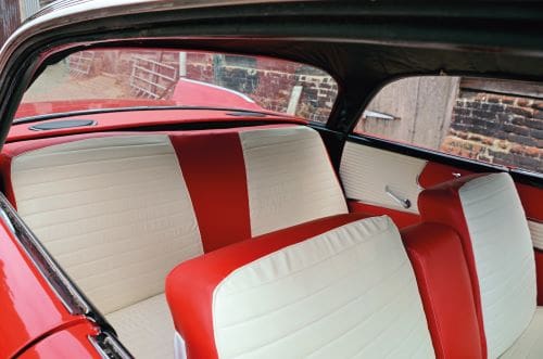 Red and white vinyl interior of the 1958 Plymouth Belvedere