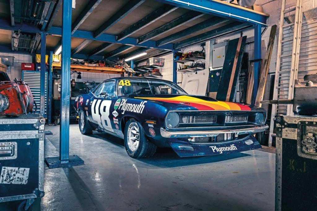 Dan Gurney 'Cuda parked in the garage