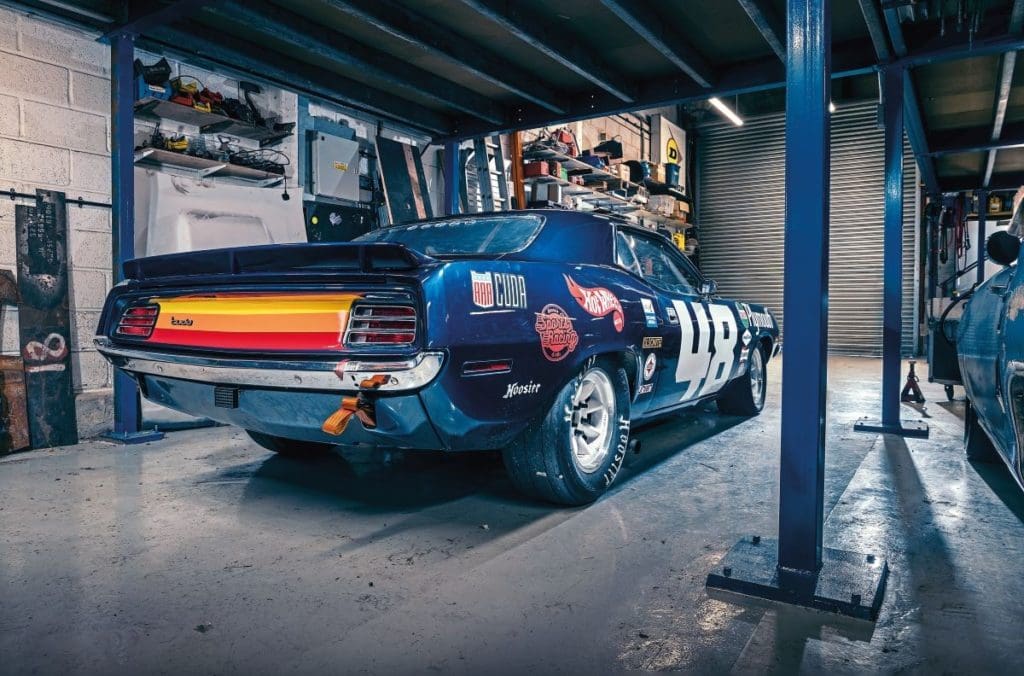 Dan Gurney 'Cuda in the garage from the back, showing the Minilite 15x8-inch wheels