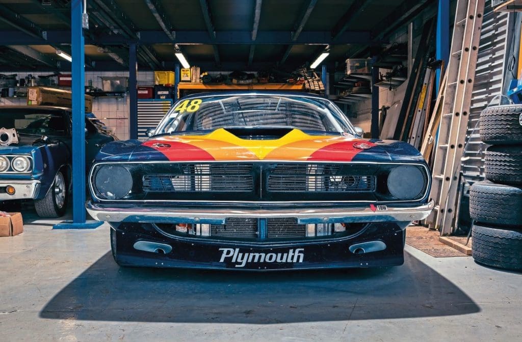 Dan Gurney 'Cuda from front in garage