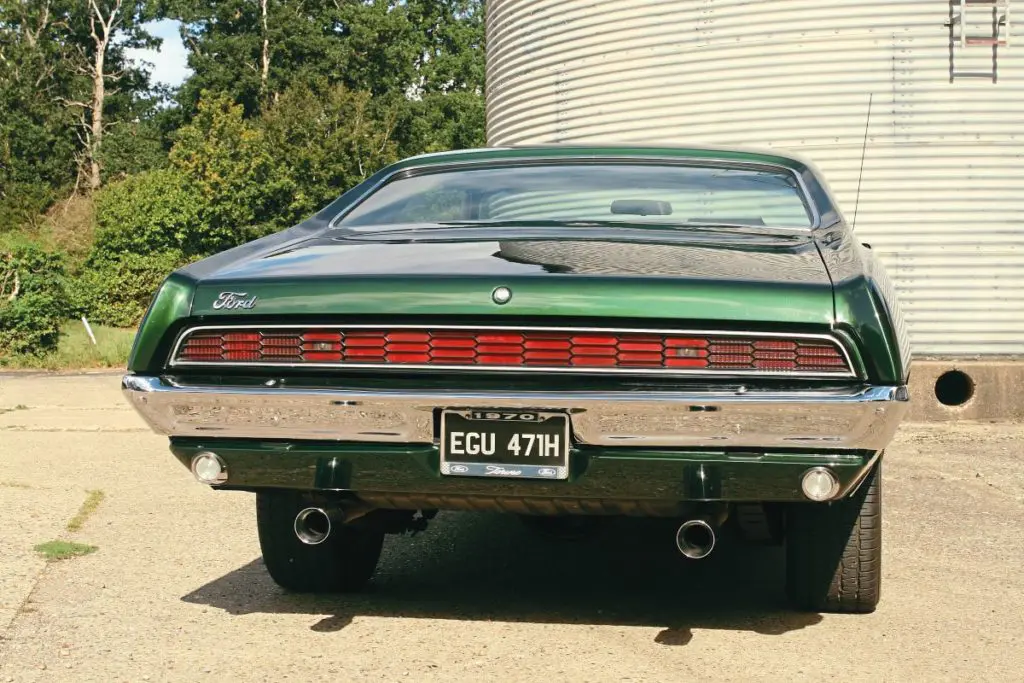 Green 1970 Ford Torino 429 Cobra Jet frim the back