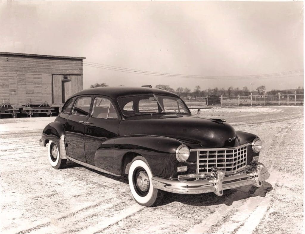 Black and white photograph of a 1948 Checker