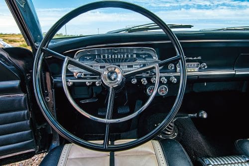 Close up of the steering wheel and dash