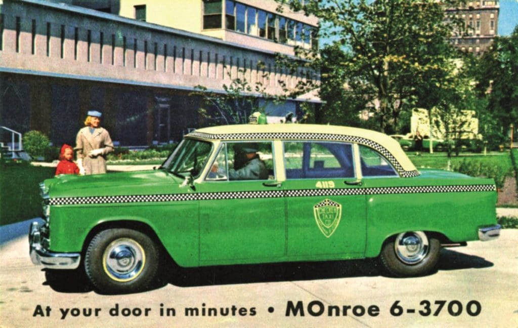 1950s Checker A8 taxi postcard.