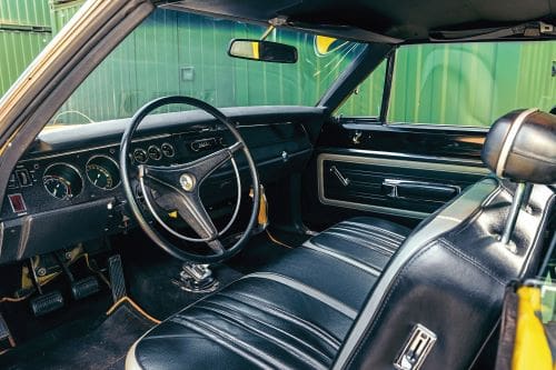 Black vinyl interior of Tommy's 1970 Plymouth Superbird